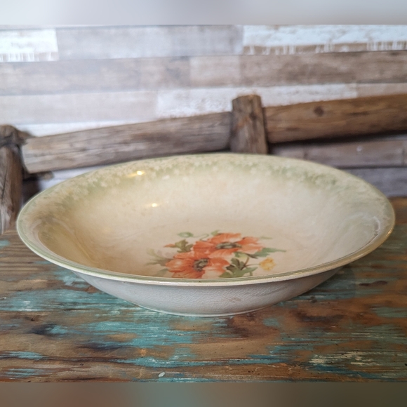 Antique Porcelain Bowl With Orange Poppies & Green Border - Picture 3 of 15